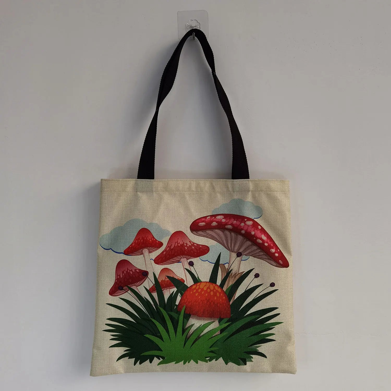 Colorful Mushroom Print Book Bag for Girls - ECO Friendly Linen Handbag