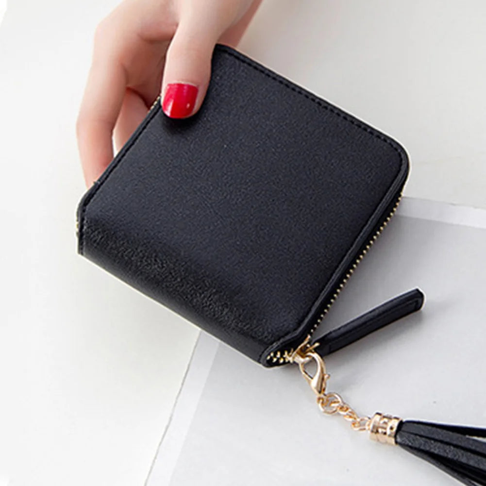 Tassel Drop PU Leather Women Wallet with Zipper Closure