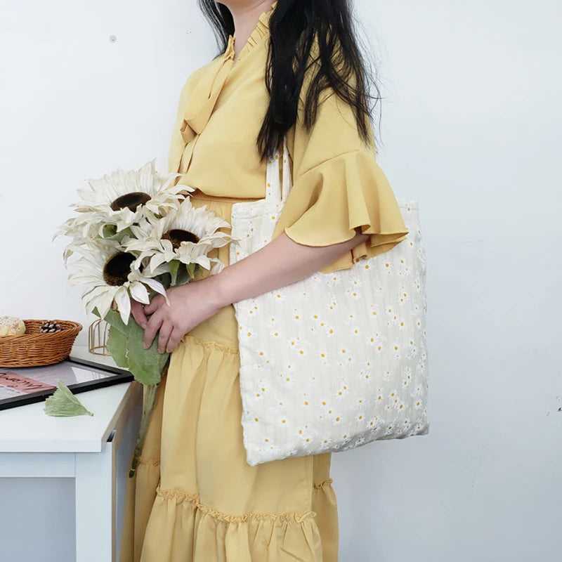 Daisy Embroidery Cotton Shoulder Bag Floral Handbag Tote Books Shopping Bag