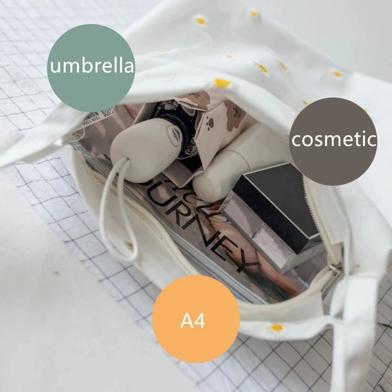 Daisy Floral Canvas Women Handbag Lace Embroidery Tote Shoulder Bag