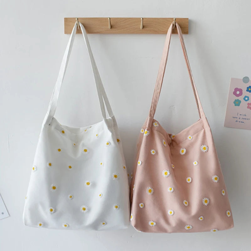 Daisy Floral Canvas Women Handbag Lace Embroidery Tote Shoulder Bag