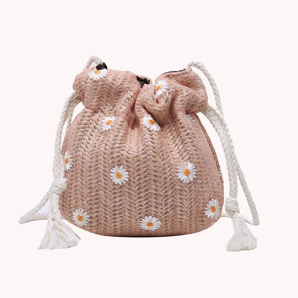 Daisy Straw Weave Shoulder Bag Summer Mesh Bucket Crossbody Handbags