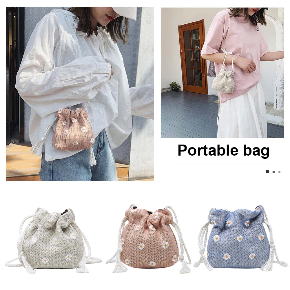 Daisy Straw Weave Shoulder Bag Summer Mesh Bucket Crossbody Handbags