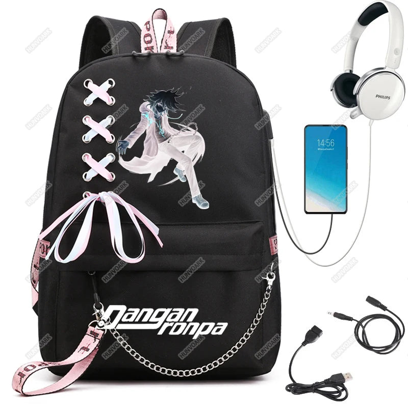 Danganronpa Nanami Chiaki Backpack Travel Laptop USB Teenager