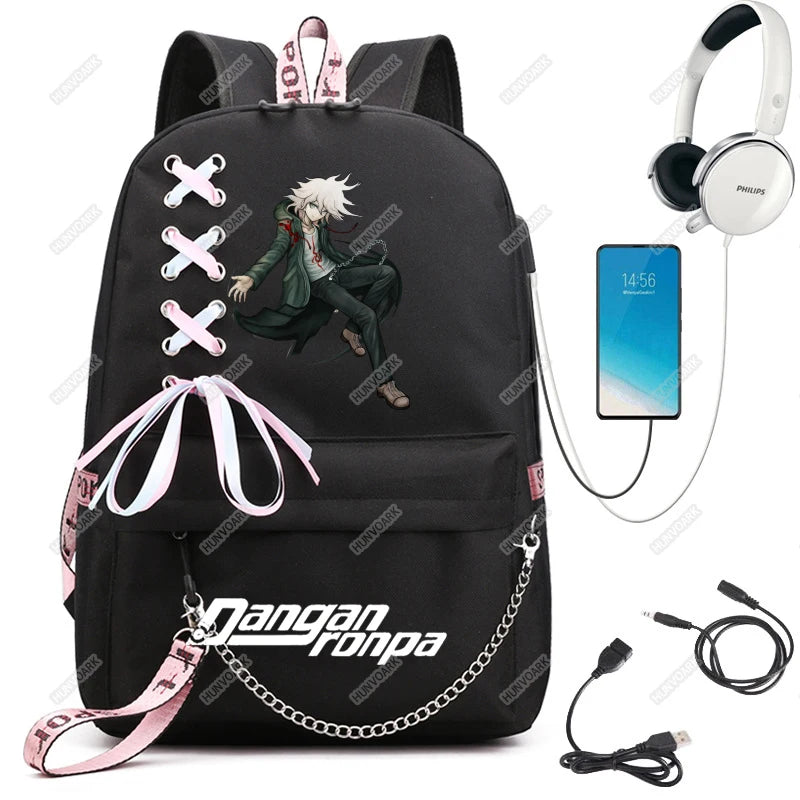 Danganronpa Nanami Chiaki Backpack Travel Laptop USB Teenager