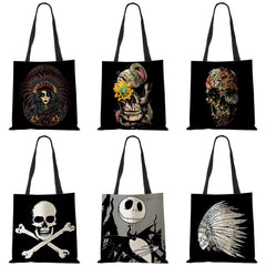 Dark Skull Print Linen Tote Handbag Eco Reusable Bags For Women Traveling School