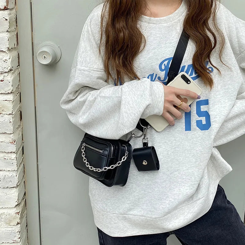 Dark Gothic Mini Square Bag Women Street Pu Leather Chains Chest Bags