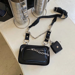 Dark Gothic Mini Square Bag Women Street Pu Leather Chains Chest Bags