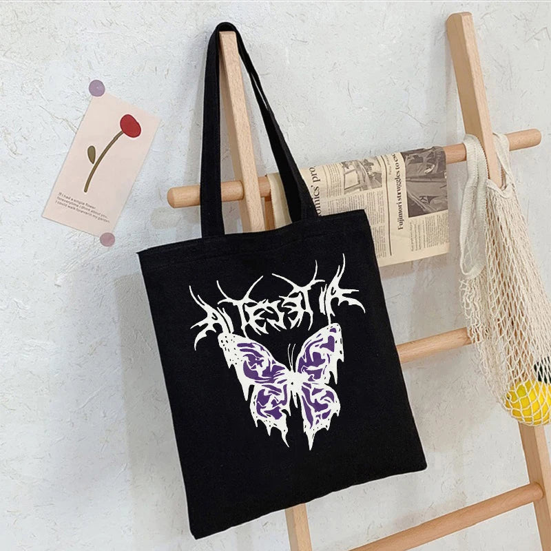 Dark Butterfly Print Y2K Gothic Canvas Bag Harajuku Punk Large Shopper