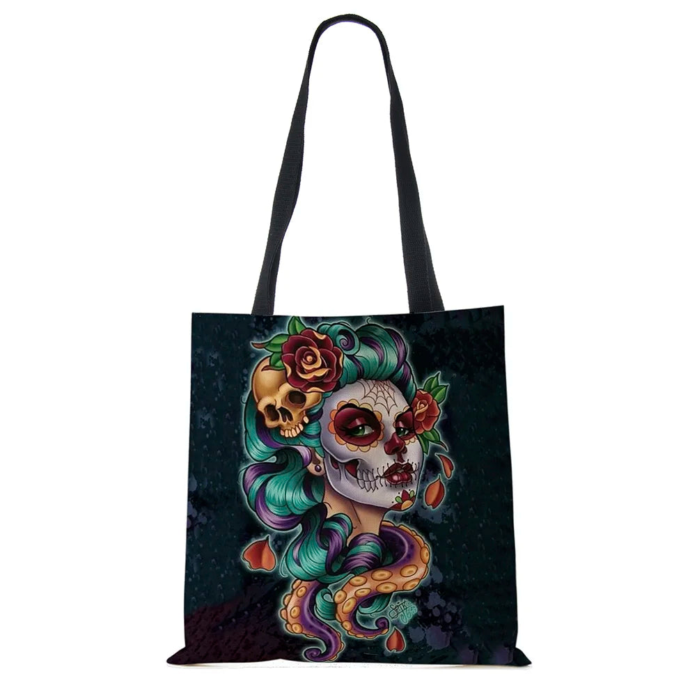 Halloween Floral Skull Print Tote Bag for Women