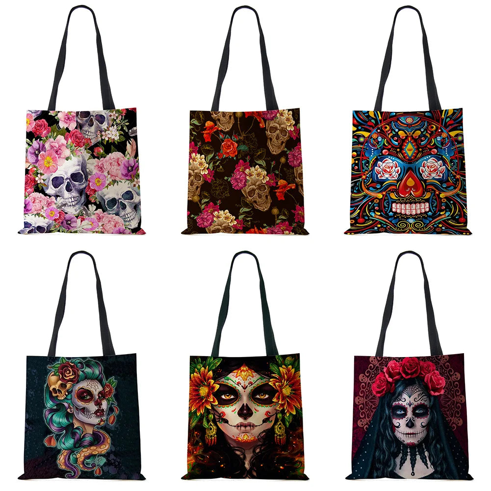 Halloween Floral Skull Print Tote Bag for Women