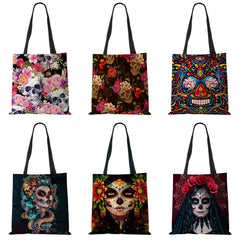 Halloween Floral Skull Print Tote Bag for Women