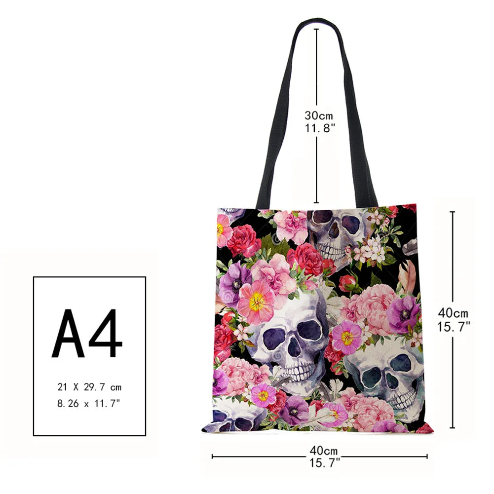 Halloween Floral Skull Print Tote Bag for Women