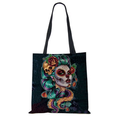 Halloween Floral Skull Print Tote Bag for Women
