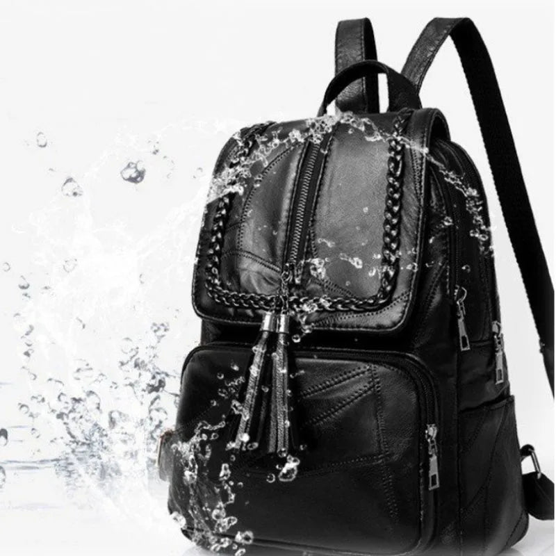 Vintage Leather Anti-Theft Backpack with Tassel Accent