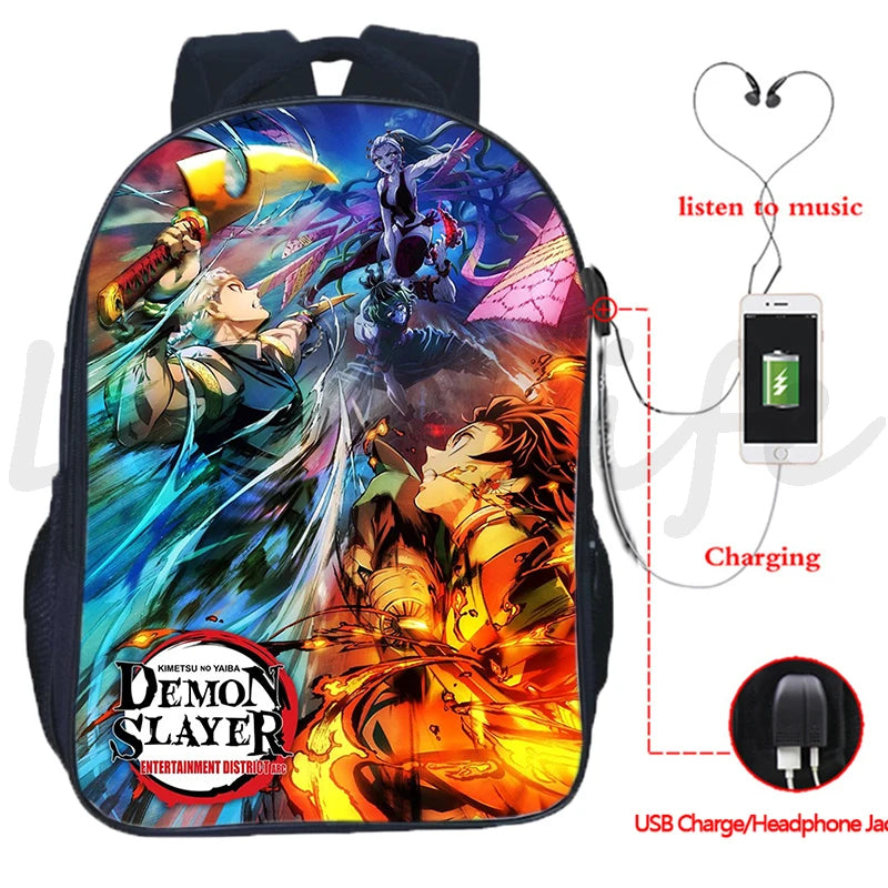 Demon Slayer Backpack Kimetsu no Yaiba USB Charging School Bag Anime Bookbag