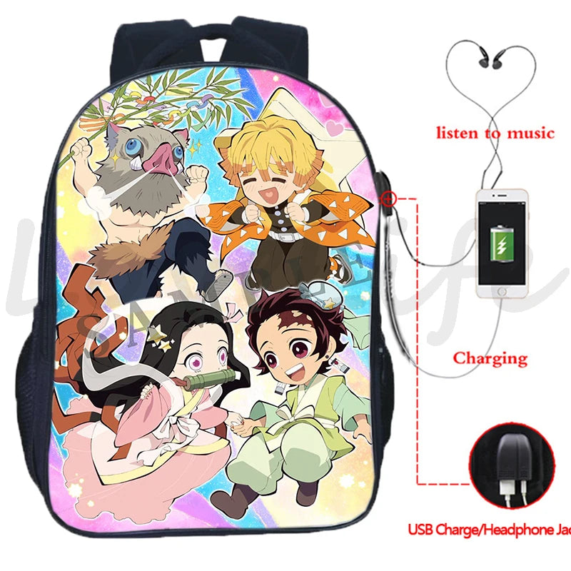 Demon Slayer Backpack Kimetsu no Yaiba USB Charging School Bag Anime Bookbag