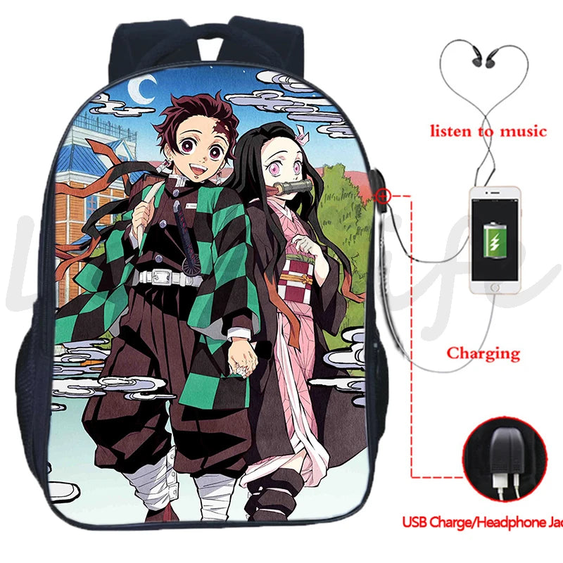 Demon Slayer Backpack Kimetsu no Yaiba USB Charging School Bag Anime Bookbag