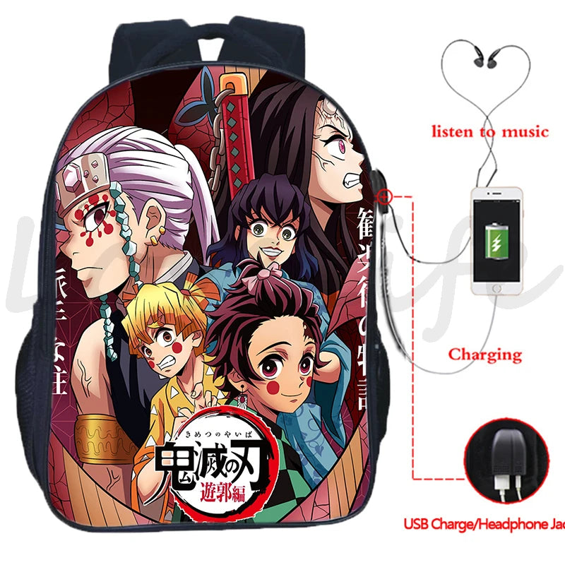 Demon Slayer Backpack Kimetsu no Yaiba USB Charging School Bag Anime Bookbag