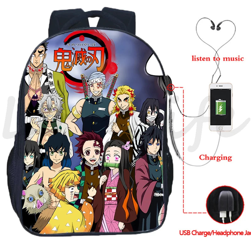 Demon Slayer Backpack Kimetsu no Yaiba USB Charging School Bag Anime Bookbag