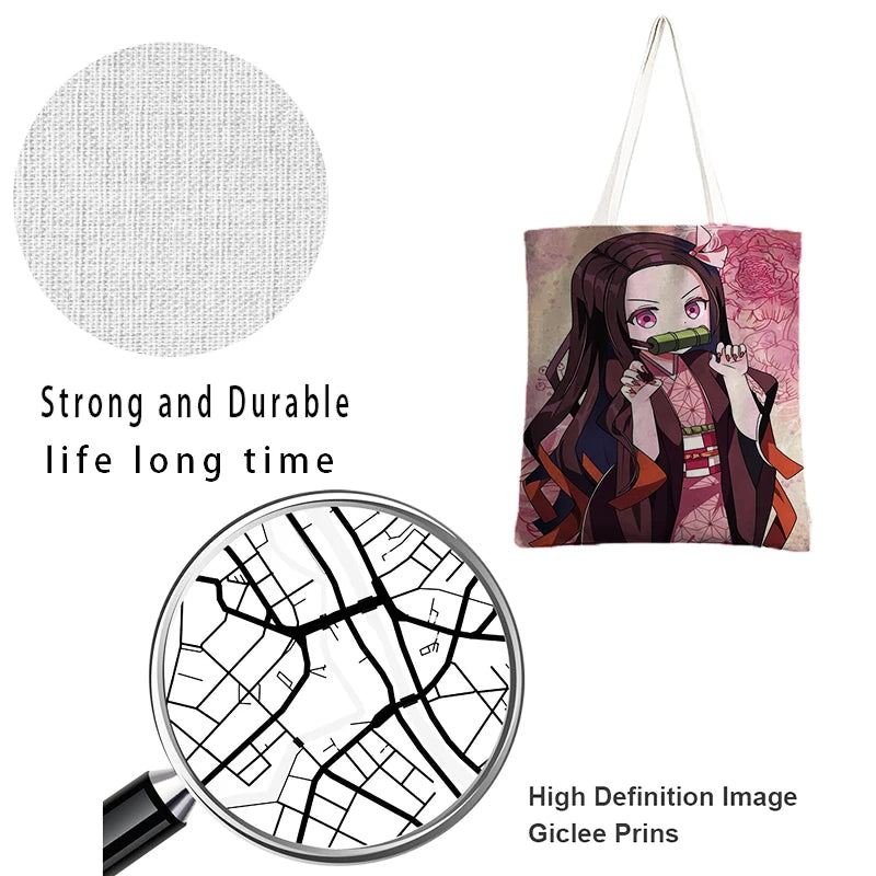 Demon Slayer Shoulder Bags Women Handbags Nezuko Rengoku Canvas Tote
