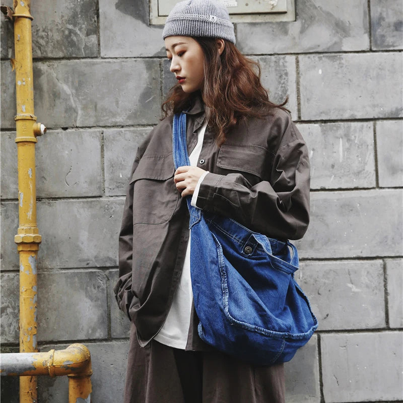 Denim Bag Wide Shoulder Strap Denim Tote Bag Casual Handbag For Women