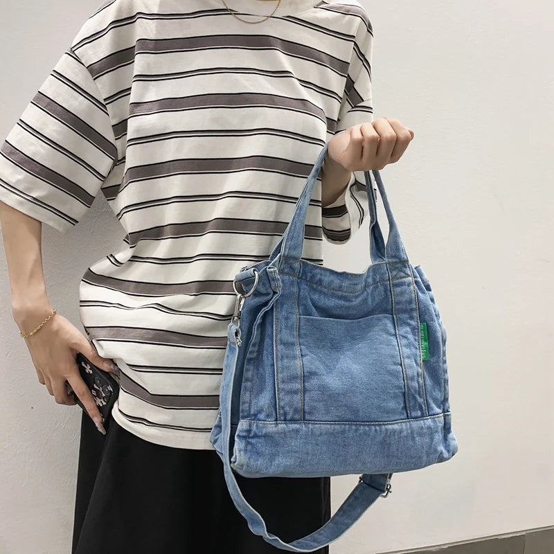 Denim Shoulder Bag Zipper Shopping Satchel Eco Handbags