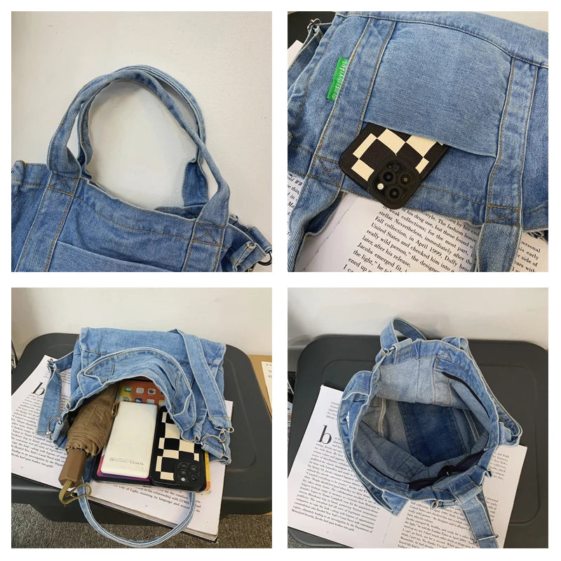 Denim Shoulder Bag Zipper Shopping Satchel Eco Handbags