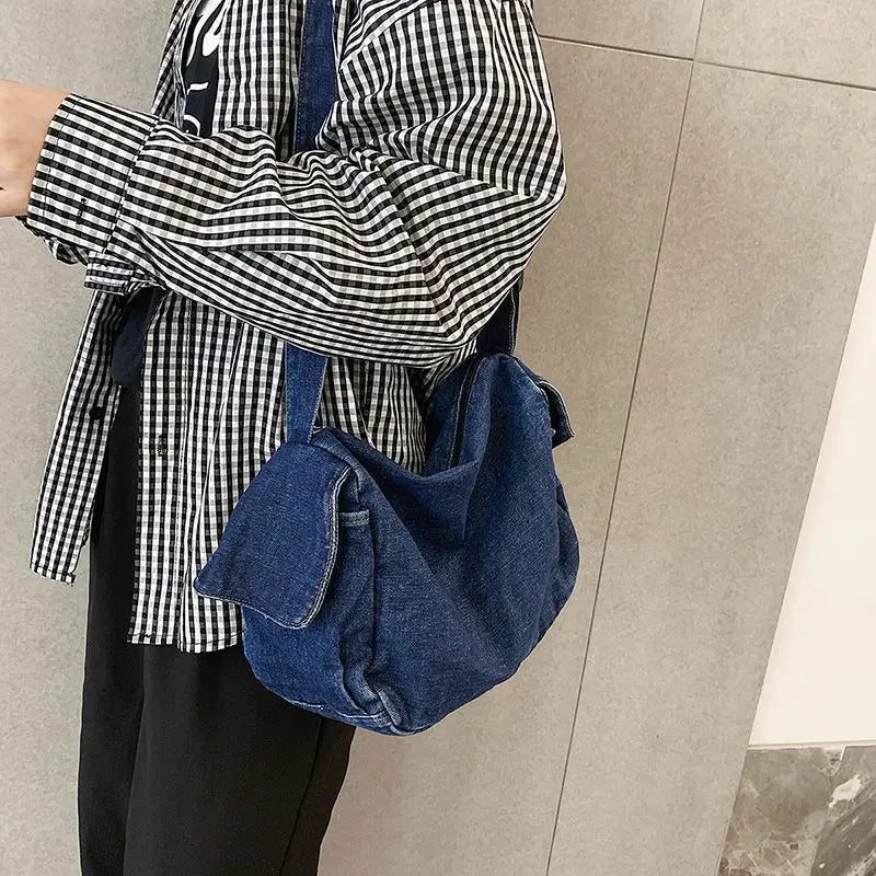 Denim Large Capacity Shoulder Bag Solid Zipper Crossbody Handbag