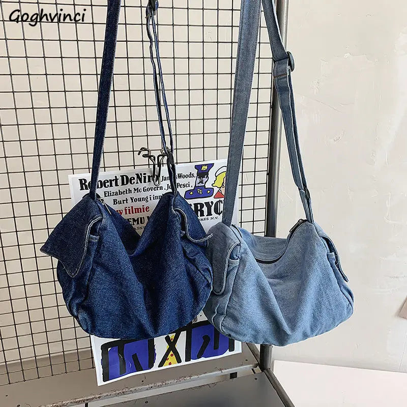 Denim Large Capacity Shoulder Bag Solid Zipper Crossbody Handbag