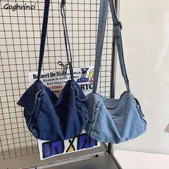 Denim Large Capacity Shoulder Bag Solid Zipper Crossbody Handbag