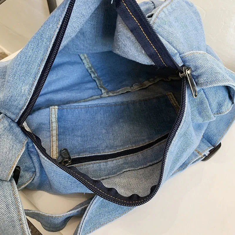 Denim Large Capacity Shoulder Bag Solid Zipper Crossbody Handbag