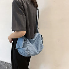 Denim Large Capacity Shoulder Bag Solid Zipper Crossbody Handbag
