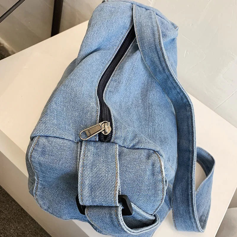 Denim Large Capacity Shoulder Bag Solid Zipper Crossbody Handbag