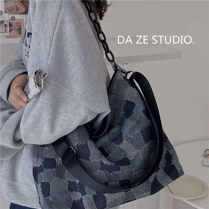 Denim Plaid Shoulder Bag Women Chain Zipper Hip-hop Vintage Retro