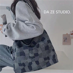 Denim Plaid Shoulder Bag Women Chain Zipper Hip-hop Vintage Retro