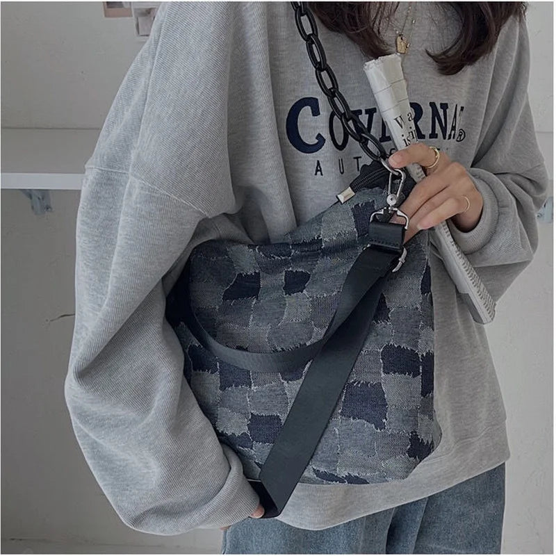 Denim Plaid Shoulder Bag Women Chain Zipper Hip-hop Vintage Retro