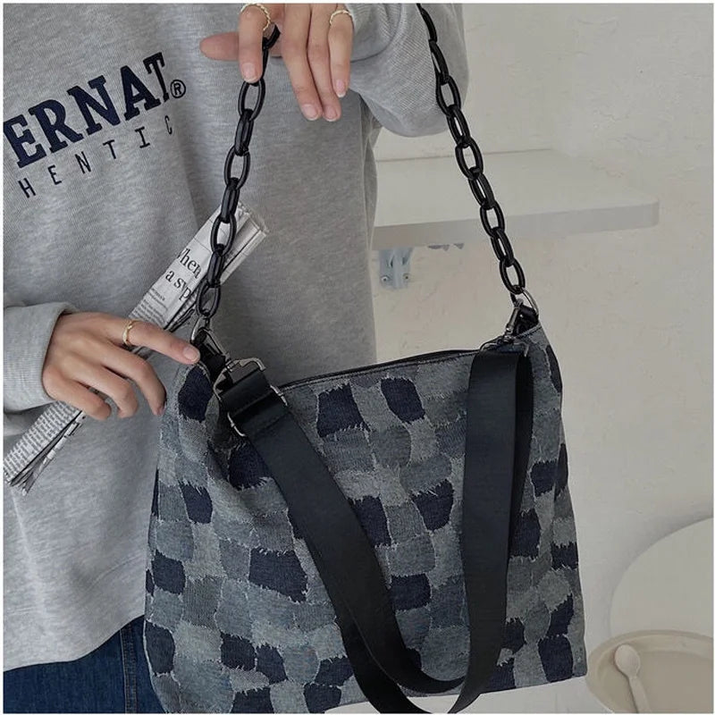 Denim Plaid Shoulder Bag Women Chain Zipper Hip-hop Vintage Retro