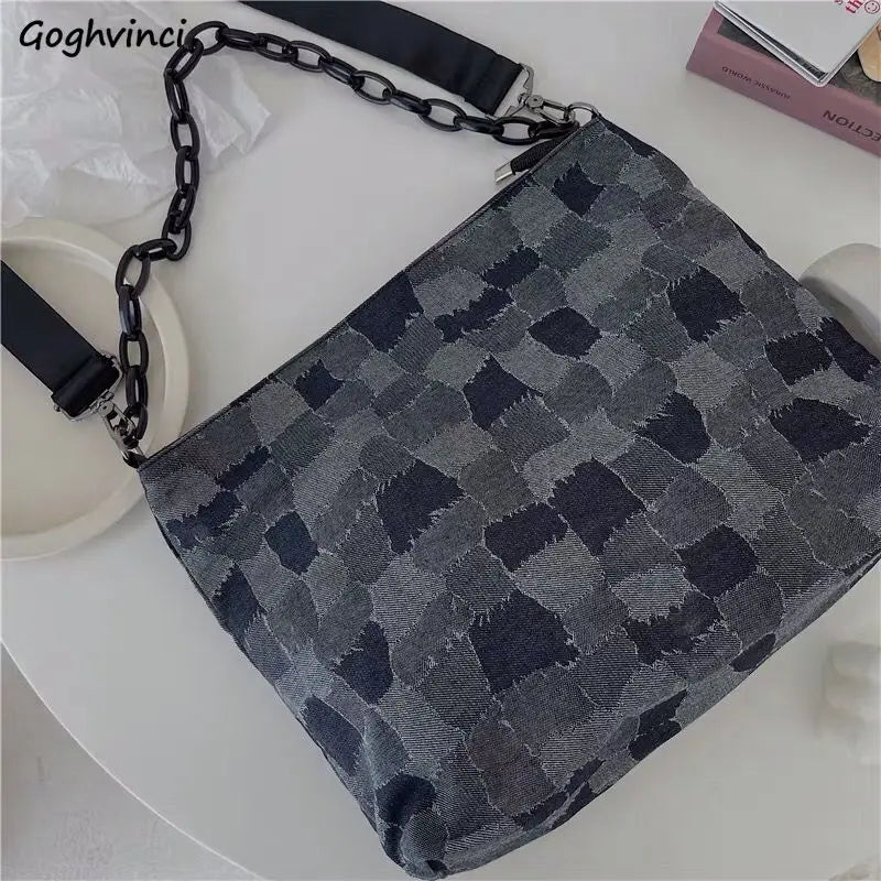 Denim Plaid Shoulder Bag Women Chain Zipper Hip-hop Vintage Retro