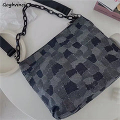 Denim Plaid Shoulder Bag Women Chain Zipper Hip-hop Vintage Retro