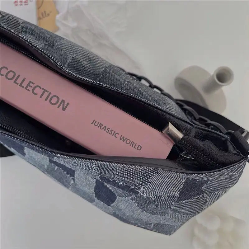 Denim Plaid Shoulder Bag Women Chain Zipper Hip-hop Vintage Retro