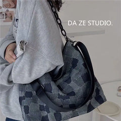 Denim Plaid Shoulder Bag Women Chain Zipper Hip-hop Vintage Retro