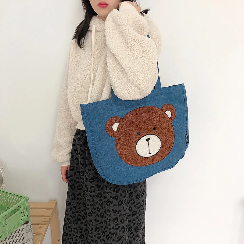 Women's Embroidered Bear Denim Shoulder Bag Large Capacity Casual Handbags
