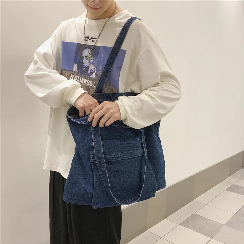 Denim Shoulder Bag Vintage Shopping Zipper Handbag Men Girls Student Tote