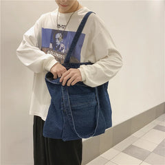 Denim Shoulder Bag Vintage Shopping Zipper Handbag Men Girls Student Tote