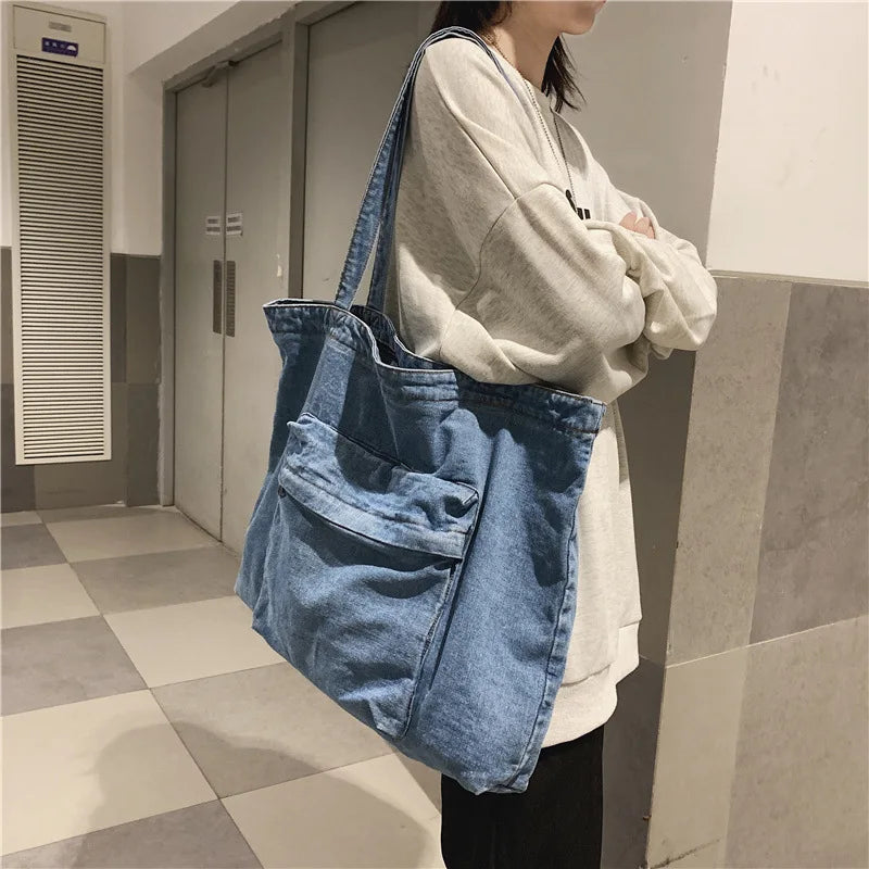 Denim Shoulder Bag Vintage Shopping Zipper Handbag Men Girls Student Tote