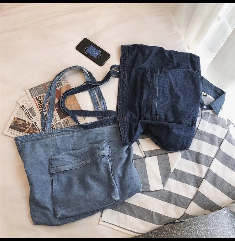Denim Shoulder Bag Vintage Shopping Zipper Handbag Men Girls Student Tote