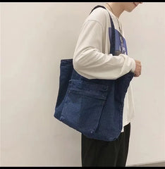 Denim Shoulder Bag Vintage Shopping Zipper Handbag Men Girls Student Tote