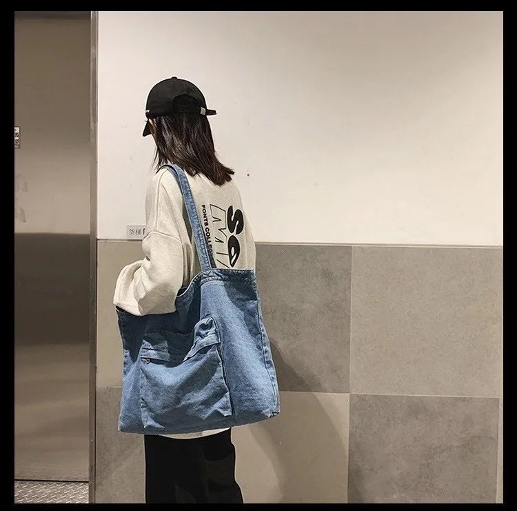 Denim Shoulder Bag Vintage Shopping Zipper Handbag Men Girls Student Tote