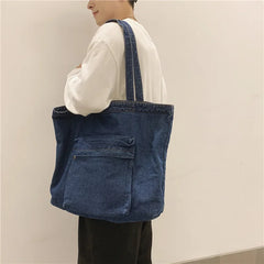 Denim Shoulder Bag Vintage Shopping Zipper Handbag Men Girls Student Tote
